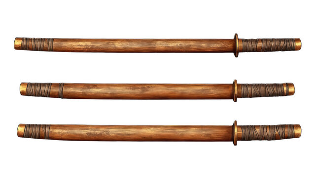 Three Wooden Bokken Swords: A set of three wooden bokken swords, traditional Japanese training weapons, laid out in a row. Each bokken features intricate details.