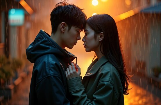 Young Korean couple stand close in rainy street. Look deeply into eyes. Warm evening light bathes. Jackets trendy. Love, emotion palpable. Outdoor scene evokes romance. Perfect for romantic series