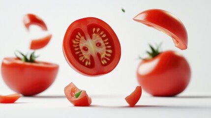Exploding juicy tomato slices against white backdrop