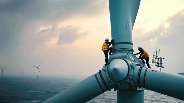 Workers stand on wind turbine top in sea at sunset, engineers perform maintenance of windmill in ocean, concept of energy, power. 