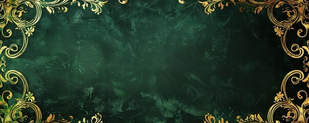Elegant green background with ornate gold floral patterns framing a blank center area