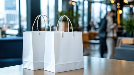 Two white shopping bags on a table in a modern café setting.