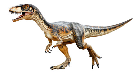 Fototapeta premium Prehistoric Predator: A lifelike recreation of a ferocious dinosaur, with sharp teeth and claws, ready to pounce. Its powerful stance and intense gaze evoke a sense of primeval power and dominance. 
