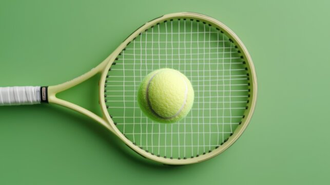 A tennis racket with a yellow ball on a green background, emphasizing sports and leisure.