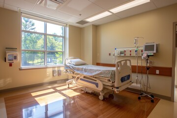 Empty patient room with a hospital bed, medical equipment, and natural light