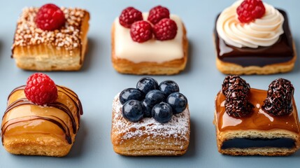 A colorful assortment of miniature pastries topped with fruits and cream.