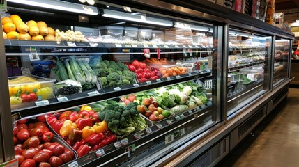 Refrigerated grocery display filled with fresh vegetables, fruits, and produce