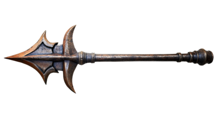 Ancient Weapon: A close-up view of an ornate bronze spear, its weathered surface hinting at battles fought and stories untold. The spear's design is intricate.