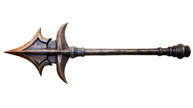 Ancient Weapon: A close-up view of an ornate bronze spear, its weathered surface hinting at battles fought and stories untold. The spear's design is intricate.