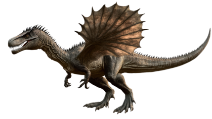 Spinosaurus Profile: A dramatic rendering of a Spinosaurus, a massive dinosaur with a distinctive sail-like fin on its back, in profile. Its sharp teeth, powerful legs.