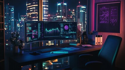 Obraz premium Modern workspace with large curved monitor displaying data charts and code, city skyline at night view