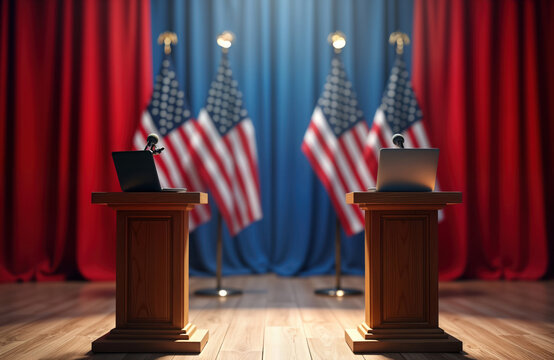 Wooden debate podiums with microphones set up in brightly lit studio. US flags visible behind podiums. Political debate before elections implied. Public speaking, concept of election main themes.