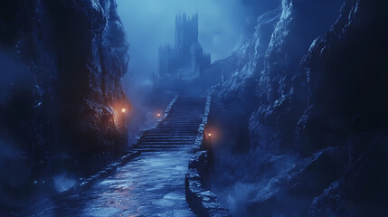 Obraz premium Mysterious path to the cursed castle in a dark fantasy world. Obsidian Path. Illustration