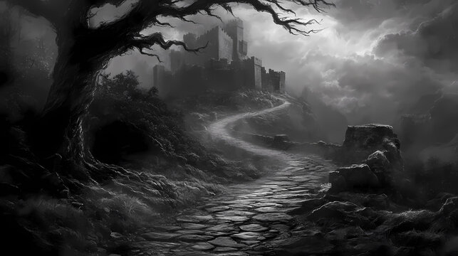 Mysterious path to the cursed castle in a dark fantasy world. Obsidian Path. Illustration