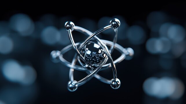 A 3D representation of an atom with electrons orbiting around a nucleus. - Powered by Adobe