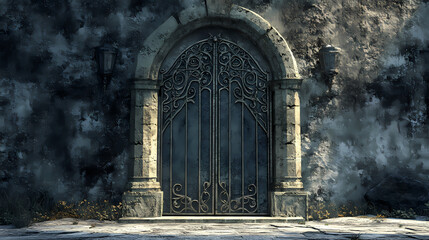 Ornate obsidian portal: a three-dimensional antique iron gate against a timeless wall. Obsidian Path. Illustration