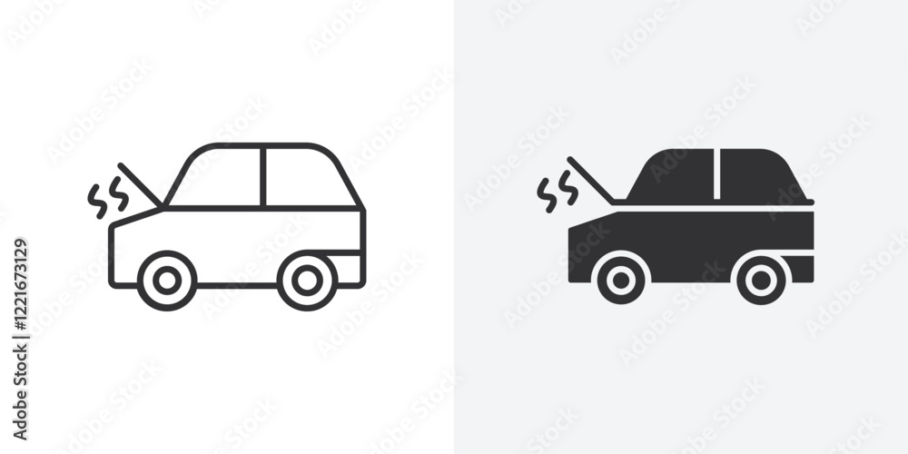 Poster broken car with open hood icon outline vector sign