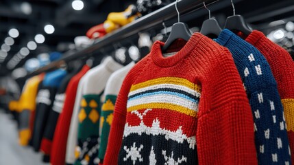 Obraz premium A display of colorful knitted sweaters hanging in a retail store.