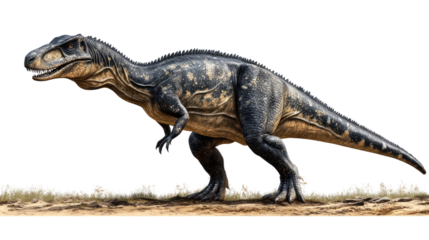 Giganotosaurus: Majestic Profile: A detailed illustration of a Giganotosaurus, a colossal carnivorous dinosaur, standing majestically against a muted earth-toned backdrop.