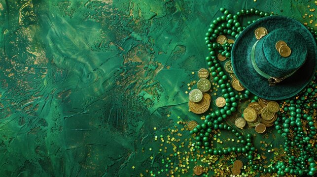 green background with a leprechaun hat, gold coins, green beads, and glitter - Powered by Adobe