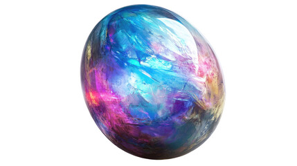 Cosmic Opal Sphere: A mesmerizing, iridescent opal sphere shimmers with vibrant blues, pinks, and purples, resembling a miniature galaxy. Its smooth surface reflects light.