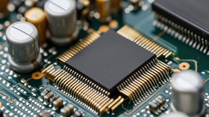 Close-up of a circuit board featuring a microchip and electronic components.