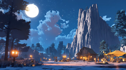 Obraz premium Windcarved obsidian cliffs towering over a hitech treasure seekers camp, contrast of natures art and technology, dusk light,. Obsidian Path. Illustration