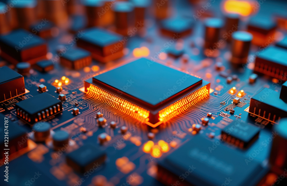 Poster advanced computer chip on motherboard. modern tech. intricate circuit board with glowing processor. 
