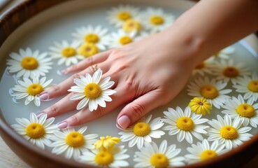 Woman hand bathes in water with chamomile flowers. Spa treatment, relaxation, aromatherapy. Soft light, pastel colors. Closeup of hand, nails, cuticles in bowl of water. Nature-inspired, eco-friendly