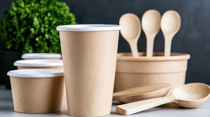A collection of eco-friendly containers and utensils for food service and takeaway.