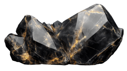 Black Obsidian with Golden Veins: A captivating close-up of a raw, black obsidian gemstone, revealing intricate veins of golden inclusions that glimmer like captured sunlight.