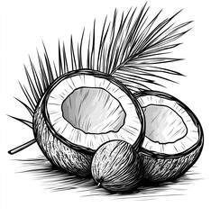 Obraz premium Black and white vector illustration of a coconut with a palm leaf in the background