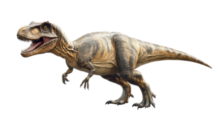 Tyrannosaurus Rex, Dinosaur:  A majestic Tyrannosaurus Rex, a fearsome predator with sharp teeth and powerful jaws, stands confidently in a dramatic pose.