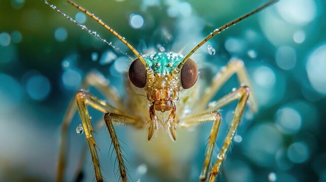 Close up macro photography showcasing the intricate and delicate features of a small insect found in nature with its bright compound eyes intricate patterns