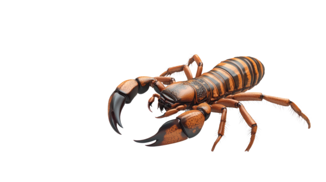 Striking Scorpion Pose: A detailed closeup reveals the intricate beauty and powerful presence of a brown scorpion with prominent claws and segmented tail.