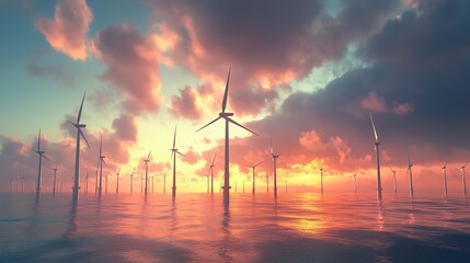 Obraz premium An offshore wind farm harnessing energy from the sea breeze.