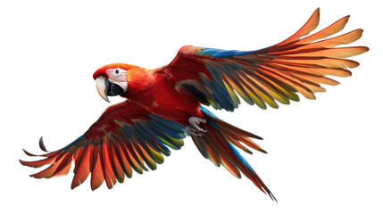 Fototapeta premium Scarlet Macaw in Flight: A vibrant scarlet macaw with outstretched wings, showcasing its brilliant red, blue, and yellow plumage, takes flight against a clean background.