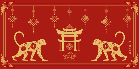 Happy Chinese New Year 2028. Background with monkeys. Vector illustration.