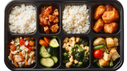 Balanced Meal Prep: A delicious and nutritious meal prep container filled with a variety of healthy ingredients, including rice, chicken, tofu, and vegetables.
