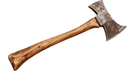 Double Bit Axe: Rustic charm meets rugged practicality in this close-up shot of a double-bit axe with a worn, yet sturdy, wooden handle.  The axe head shows signs of age and use.