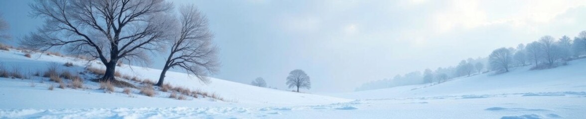 Icy landscape with bare trees and snowy hills, cold, winter, landscape
