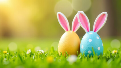 Obraz premium Two Easter Eggs in Pastel Colors with Rabbit Ears on the Lawn, Sunny Day, Copy Space