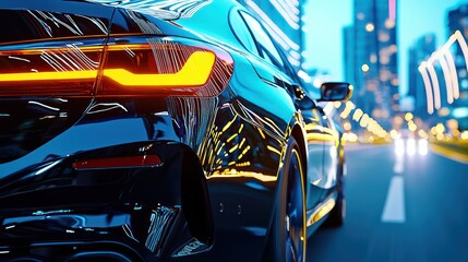 A sleek car parked on a city street, illuminated by vibrant city lights at dusk.