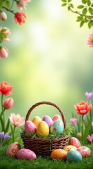 Basket with eggs in the grass with flowers