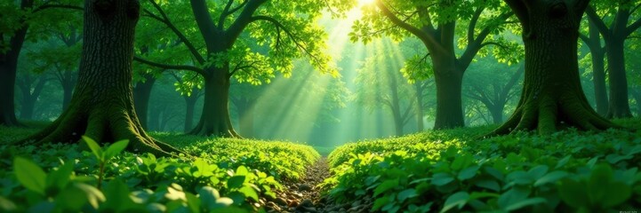 Obraz premium A leafy green forest with trees and undergrowth , plants, forest, nature