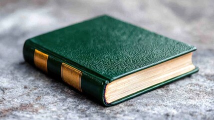 A closed green book with a textured cover and gold accents, resting on a stone surface.