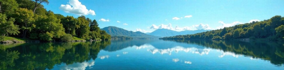 Obraz premium A serene lake reflects the blue sky and trees, natural world, lake