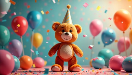 Fototapeta premium Cute teddy bear wears party hat surrounded by colorful balloons, confetti. Celebration ambiance. Perfect for birthday party children illustration. Fun cartoon character. Toy teddy bear. Lovely gift.