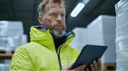 A man in a bright jacket using a tablet in a warehouse setting.