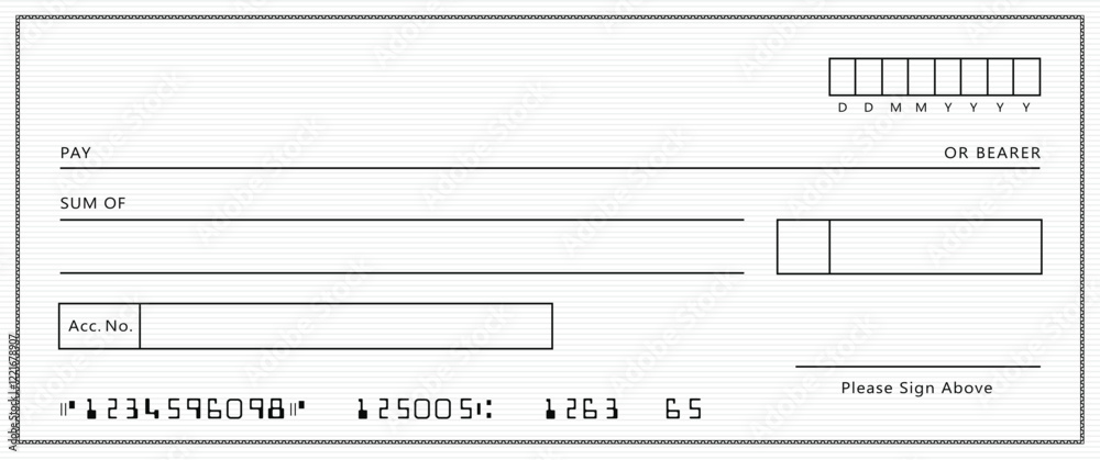 Wall mural empty money cheque. bank check. check book template with pattern and blank fields. currency payment 